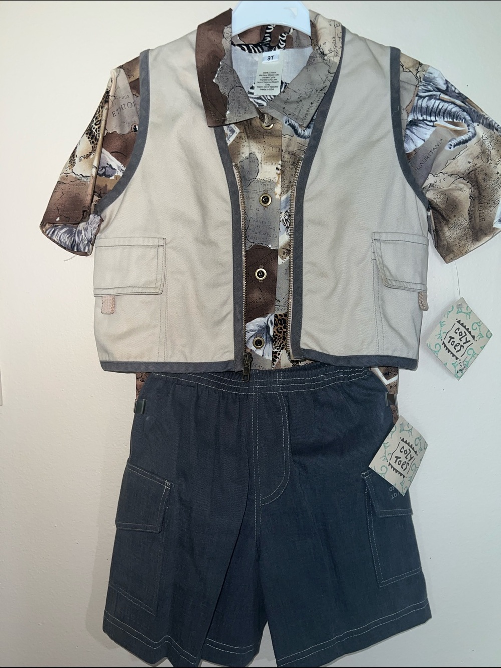 Vintage Kids Safari Animal Print Shirt with Beige Vest and Dark Shorts Set 3T